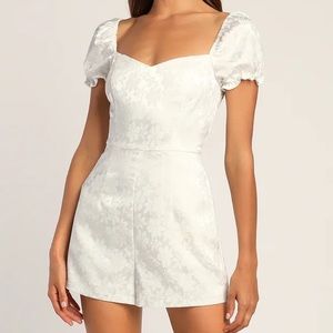 Lulus All Elegance Ivory Satin Floral Jacquard Puff Sleeve Romper
